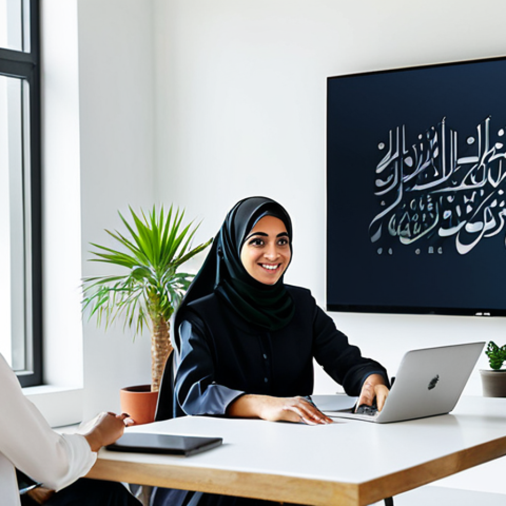 **

"A modern, brightly lit co-working space in Dubai, United Arab Emirates. A diverse group of professionals are collaborating on laptops and tablets. A young Arab woman in a stylish, modest business suit is presenting a project on a large screen. Background includes Arabic calligraphy art and date palms. Safe for work, appropriate content, fully clothed, professional, perfect anatomy, natural proportions, high quality."

**