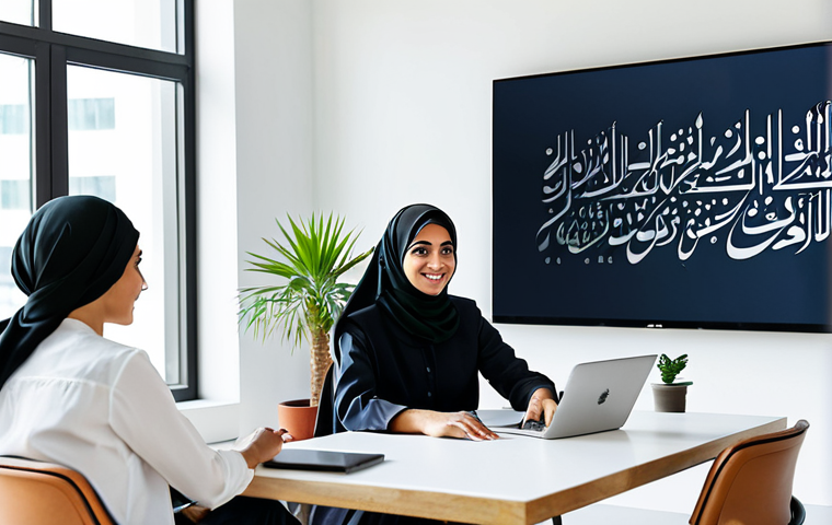 **

"A modern, brightly lit co-working space in Dubai, United Arab Emirates. A diverse group of professionals are collaborating on laptops and tablets. A young Arab woman in a stylish, modest business suit is presenting a project on a large screen. Background includes Arabic calligraphy art and date palms. Safe for work, appropriate content, fully clothed, professional, perfect anatomy, natural proportions, high quality."

**
