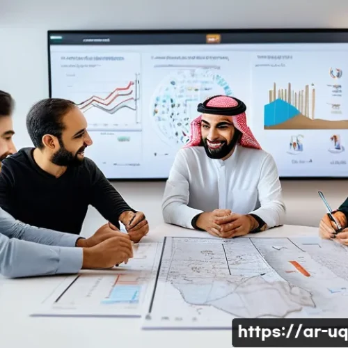 고객 여정 맵과 UX 디자인의 관계 - A professional Middle Eastern UX design team collaborating in a modern office with Arabic calligraph...