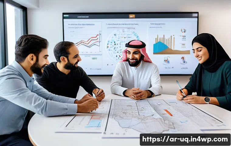 고객 여정 맵과 UX 디자인의 관계 - A professional Middle Eastern UX design team collaborating in a modern office with Arabic calligraph...