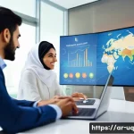 고객 여정 맵을 활용한 마케팅 전략 - A professional Middle Eastern business team in a modern office setting, analyzing digital customer j...