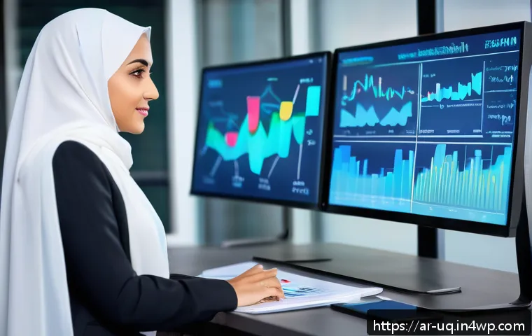 고객 여정 맵을 위한 데이터 수집 방법 - A professional Middle Eastern businesswoman in a modern office setting, analyzing detailed digital g...