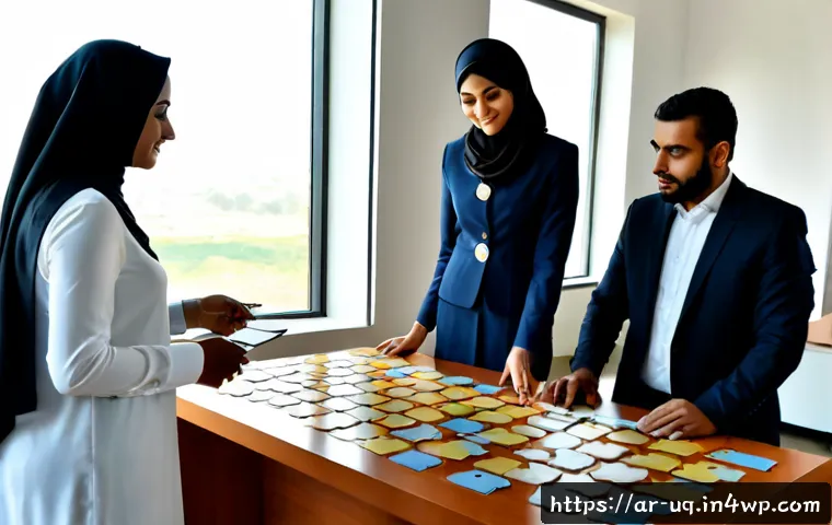 고객 여정 맵핑과 지속적인 개선 프로세스 - Photorealistic modern Gulf Arab business team mapping a customer journey around a large clean desk, ...